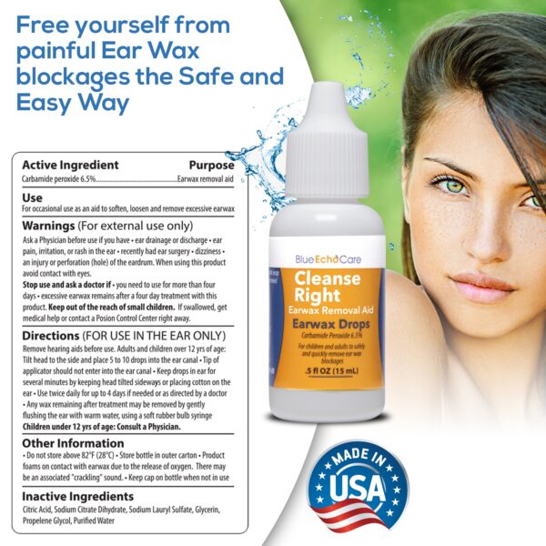 Cleanse Right Ear Wax Drops, USA Made Ear Wax Removal Drops, 1 Bottle of .5OZ, to Remove Earwax Blockages - Safe and Easy to Use Ear Cleaner - Irrigation for Adults and Kids - Image 4