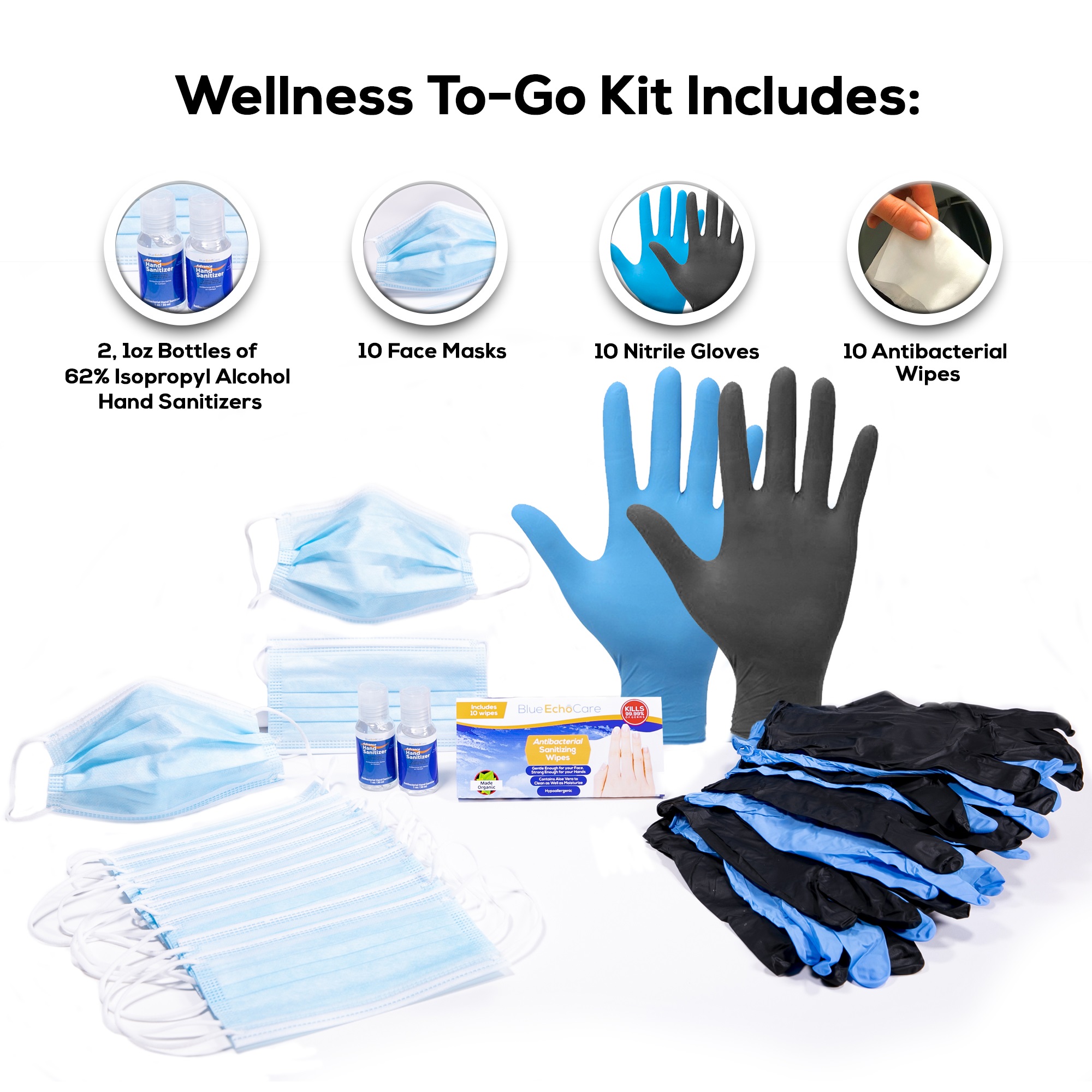 Wellness To Go Kit - Includes 10 Face Masks, 2 bottle 2oz Alcohol based Hand Sanitizer, 10 Antibacterial Wipes, 10 Nitrile Gloves