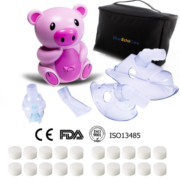 Weezy Pig Children's Nebulizer includes 5 Filters, Travel Case, 2 masks (1 adult and 1 child), additional mouthpiece, Solutions cup and tubing - Image 2