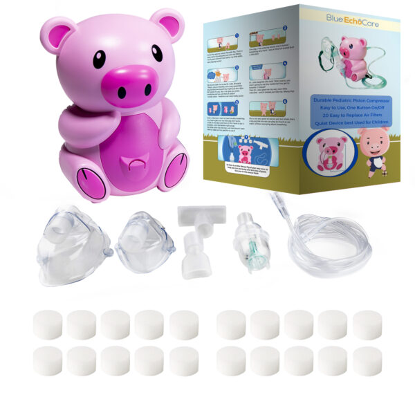 Weezy Pig Children's Nebulizer includes 5 Filters, Travel Case, 2 masks (1 adult and 1 child), additional mouthpiece, Solutions cup and tubing - Image 3