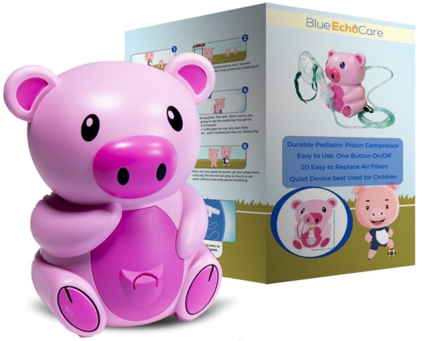 Weezy Pig Children's Nebulizer includes 5 Filters, Travel Case, 2 masks (1 adult and 1 child), additional mouthpiece, Solutions cup and tubing
