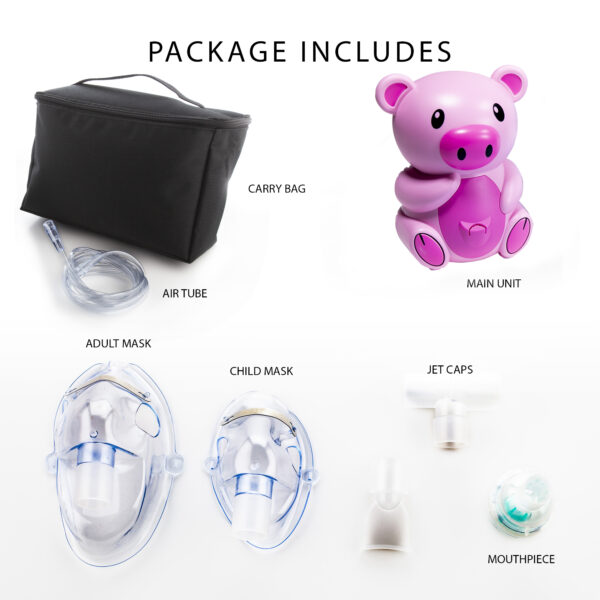 Weezy Pig Children's Nebulizer includes 5 Filters, Travel Case, 2 masks (1 adult and 1 child), additional mouthpiece, Solutions cup and tubing - Image 4