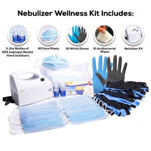 MOST POPULAR: Nebulizer Wellness Kit- Includes $65 Nebulizer, 20 Face Masks, 2 bottles of 2oz Alcohol based Hand Sanitizer, 10 Antibacterial Wipes, 10 Nitrile Gloves